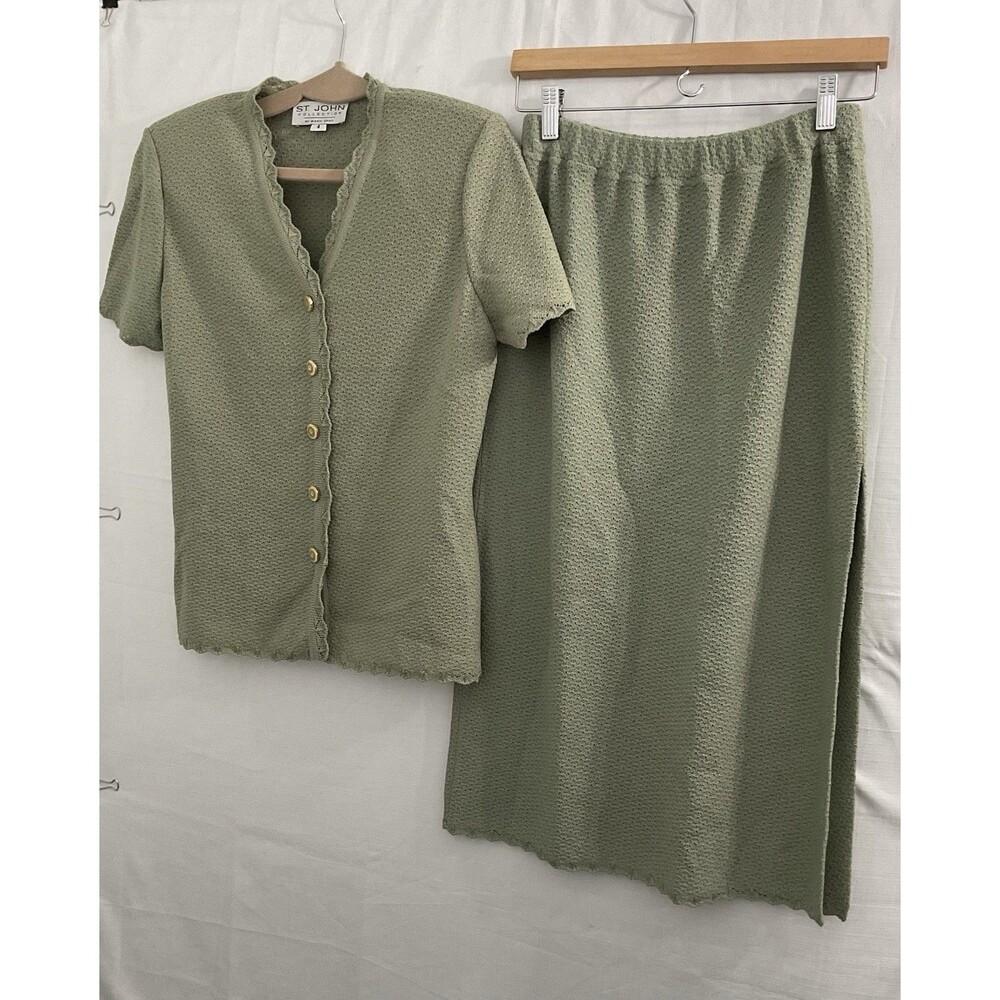 Vtg St. John Collection By Marie Gray Olive Green Blouse Sz 4-Skirt Sz 6 USA
